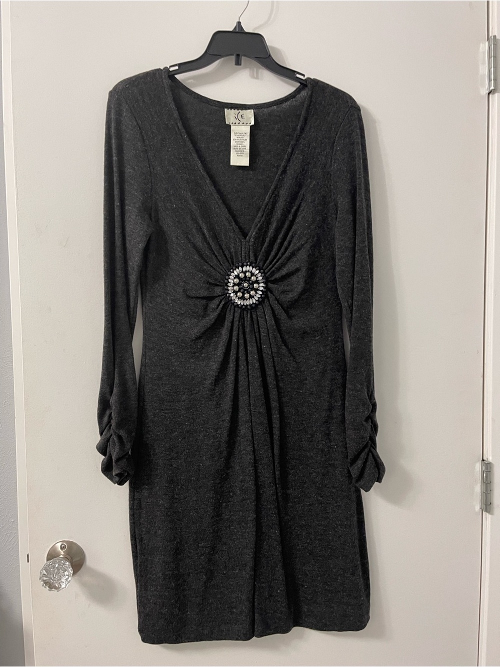 Ice Charcoal Long-Sleeve V-Neck Dress with Jeweled Center
